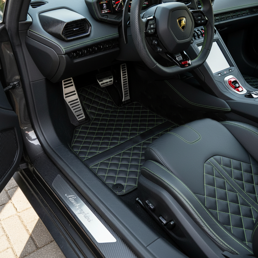 Interior look of floor mats for Lamborghini Huracan Perfomante | Green Stitching