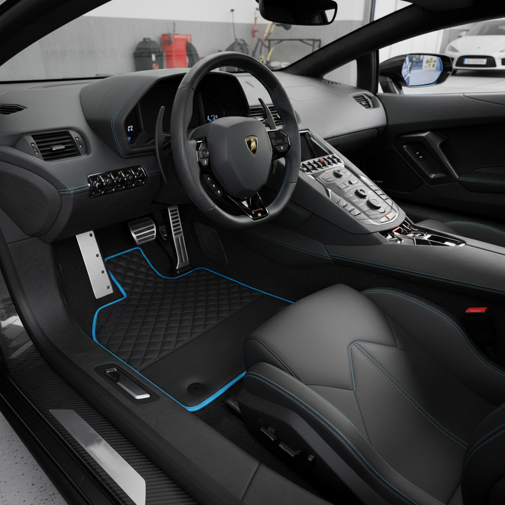 Interior look of floor mats for Customizable Black Leather Floor Mats For Lamborghini Aventador