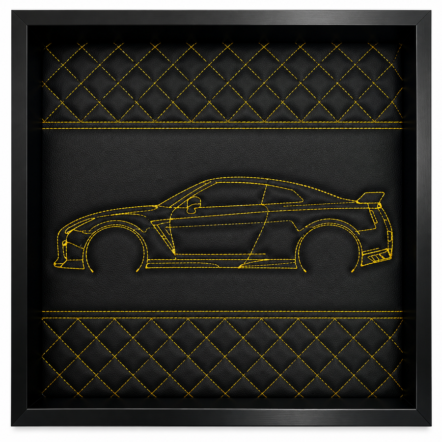 Black Leather Nissan GTR Inspired Wall Art: Embroidered Yellow Stitch Luxury Decor