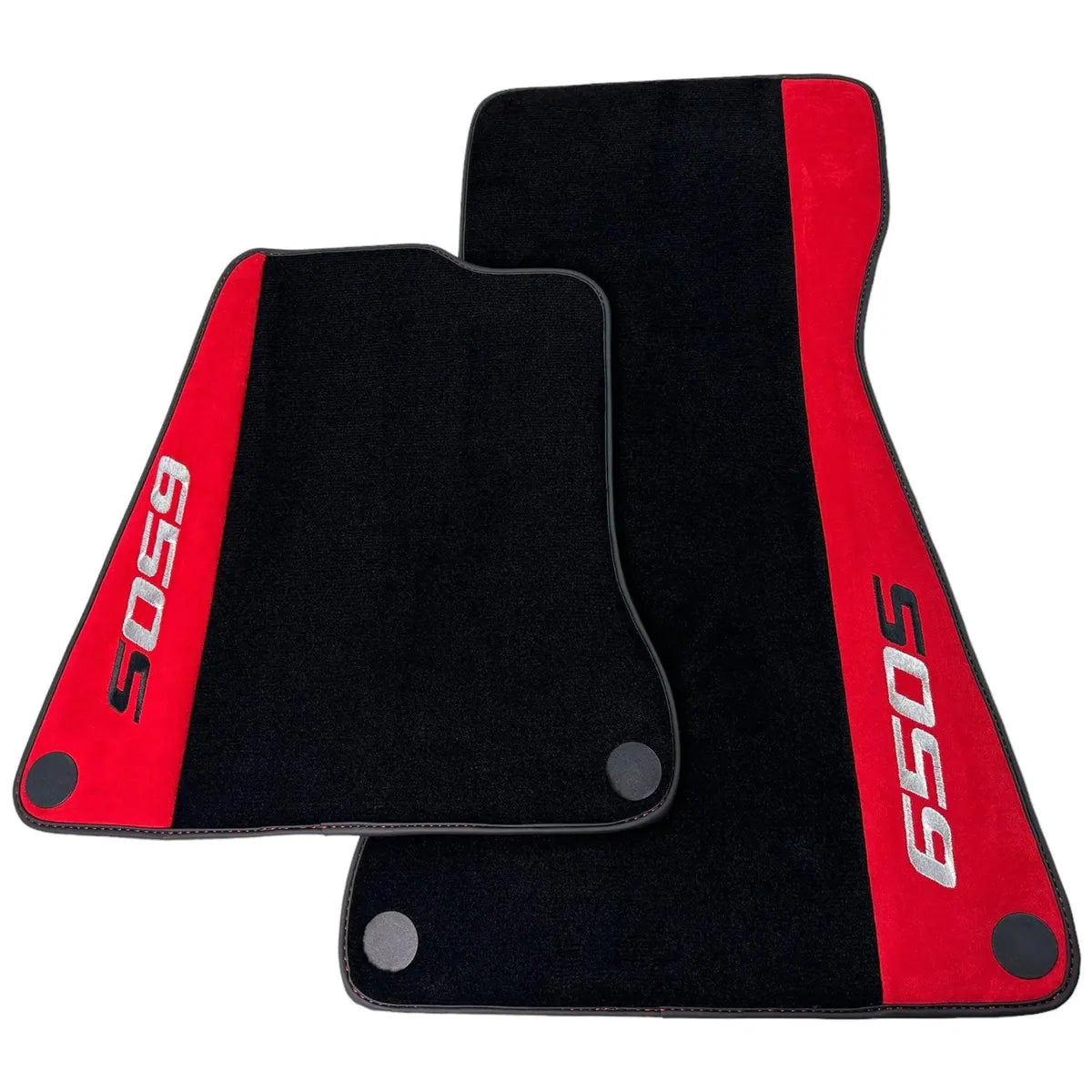 Black McLaren 650S floor mats with red Alcantara sides