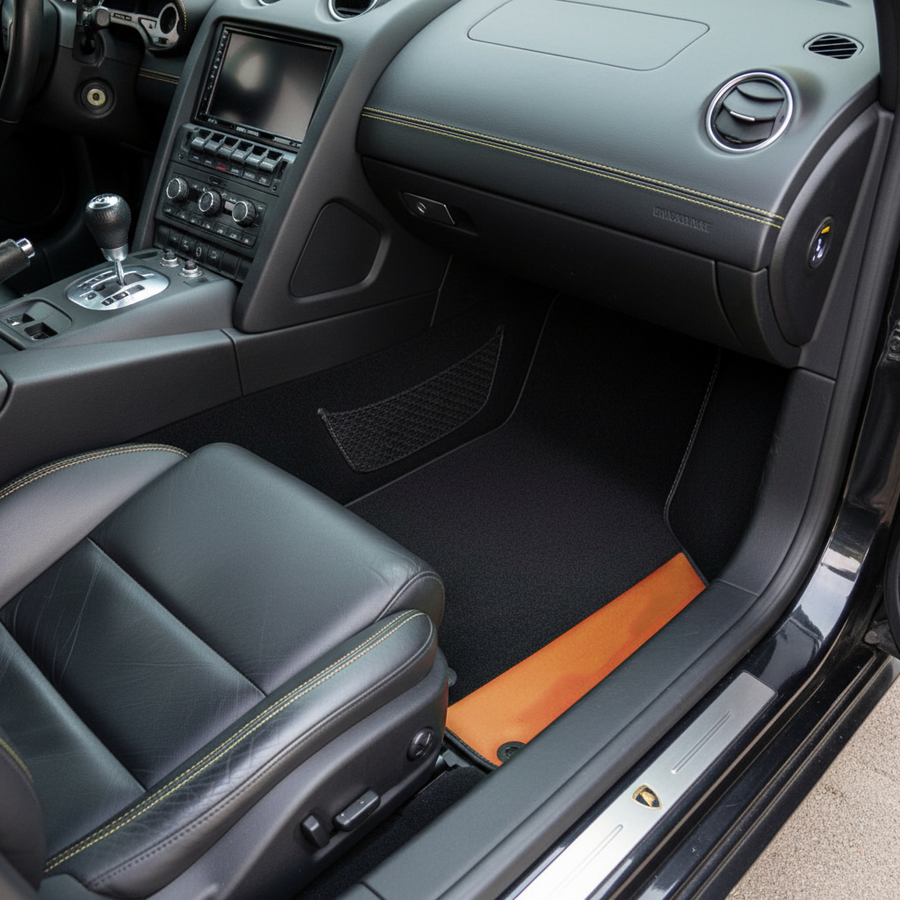 Custom Black Floor Mats for Lamborghini Gallardo With Orange Arancia Leonis Nappa Leather