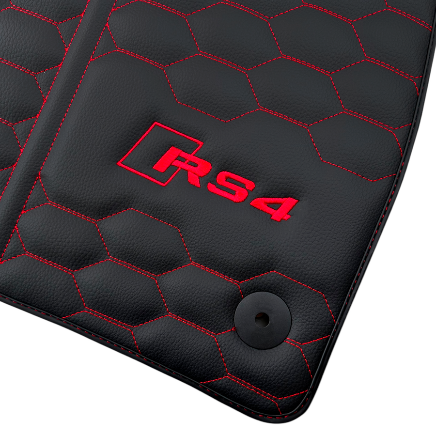Black Leather Floor Mats for Audi RS 4 B9 Avant (2017-2024) Red Stitching