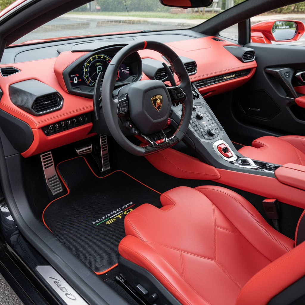 Customizable Leather Floor Mats with Line Pattern for Lamborghini Huracan STO (2021-2024) - AutoWin