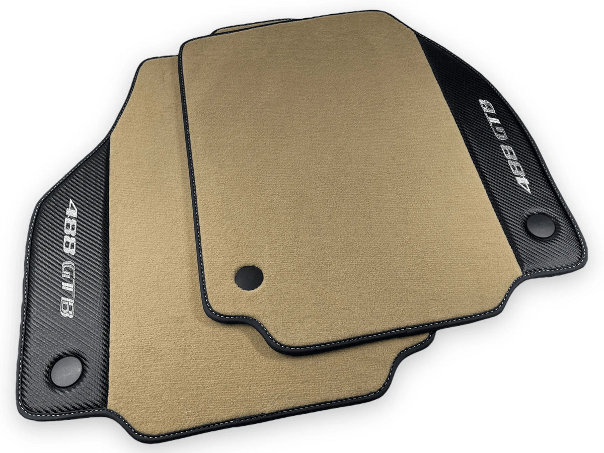 Beige Floor Mats For Ferrari 488 GTB 2016-2022 Carpets With Carbon Fiber - AutoWin