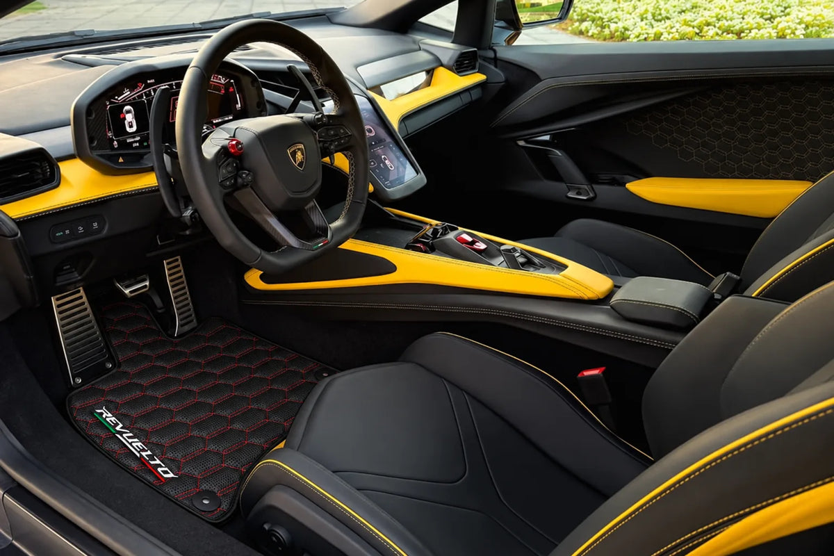 Black Carbon Fiber Floor Mats for Lamborghini Revuelto (2024-2027) - Red Stitching Design inside the vehicle