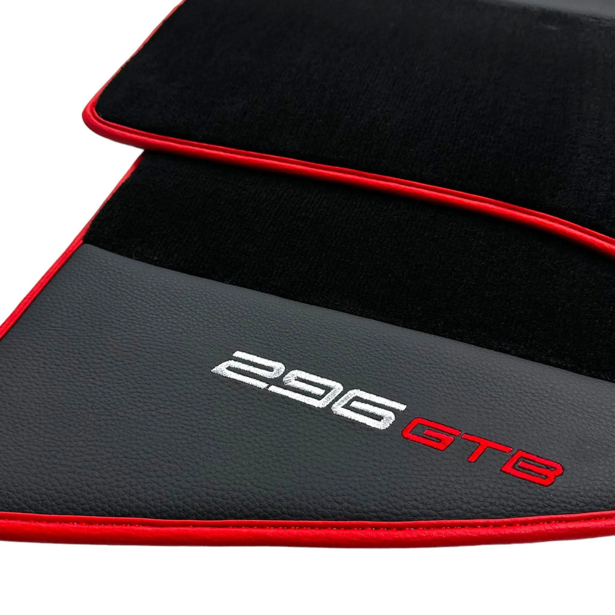 Black Floor Mats for Ferrari 296 GTB (2022-2027) with Leather and Red Trim - AutoWin