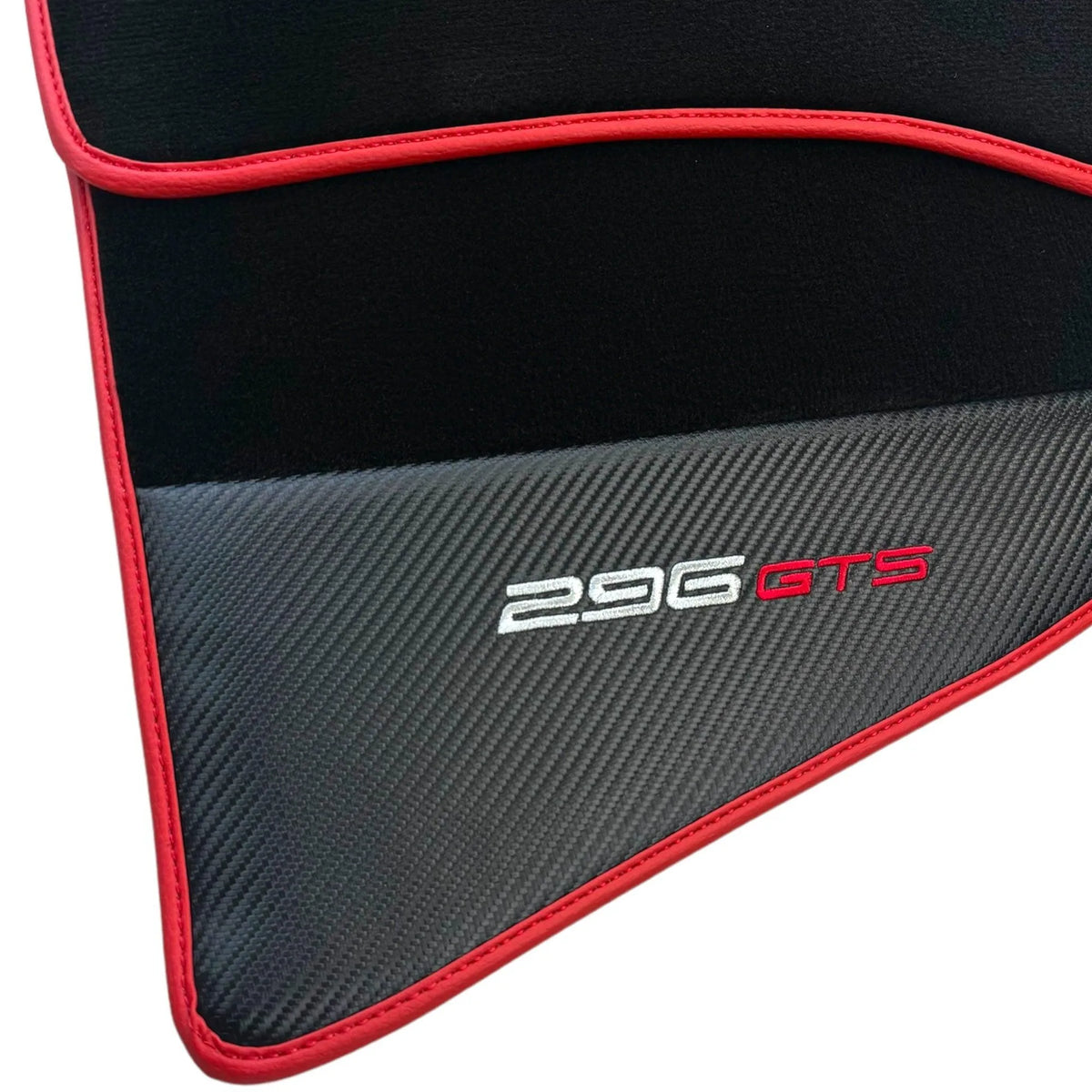 Black Floor Mats for Ferrari 296 GTS (2022-2027) with Carbon Fiber | Red Trim - AutoWin