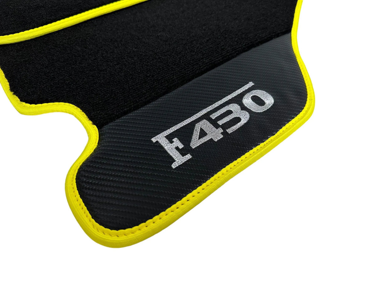 Black Floor Mats For Ferrari F430 2004-2009 With Carbon Fiber Leather Yellow Trim - AutoWin