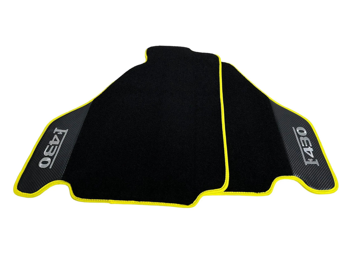 Black Floor Mats For Ferrari F430 2004-2009 With Carbon Fiber Leather Yellow Trim - AutoWin
