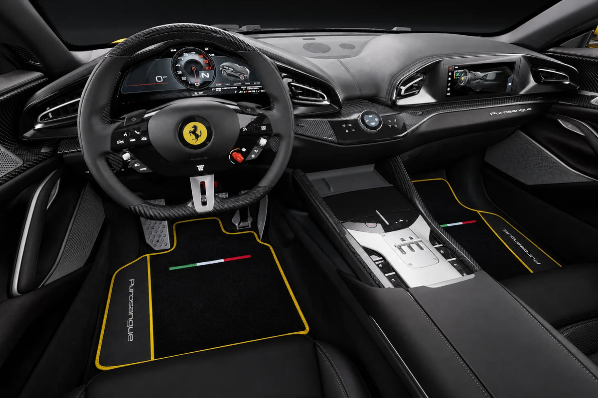 Black Floor Mats for Ferrari Purosangue with Leather- Yellow Trim inside the vehicle