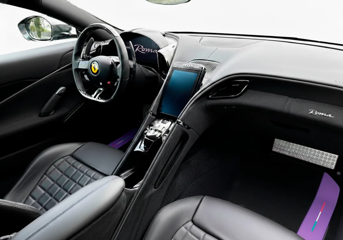 Black Floor Mats for Ferrari Roma (2021-2027) with Purple Leather | Italian Edition