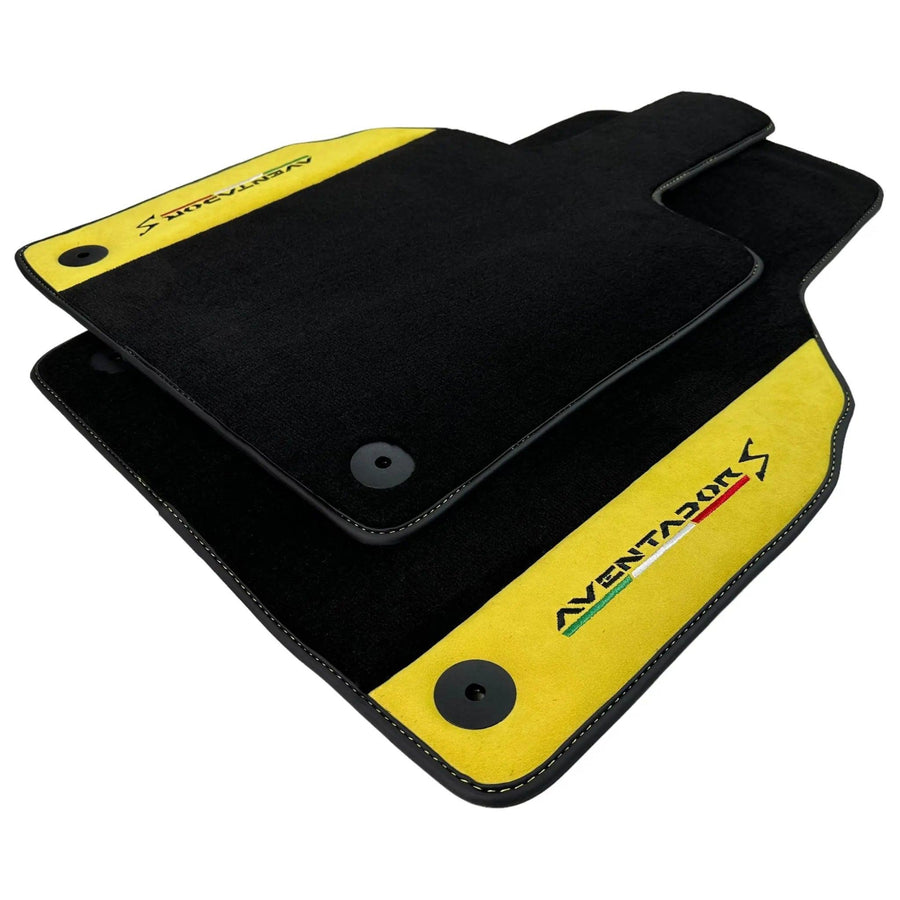 Black Floor Mats for Lamborghini Aventador S with Yellow Alcantara Leather - AutoWin