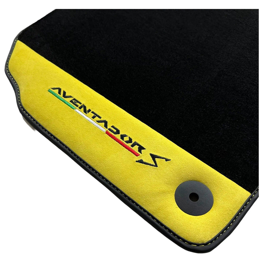 Black Floor Mats for Lamborghini Aventador S with Yellow Alcantara Leather - AutoWin