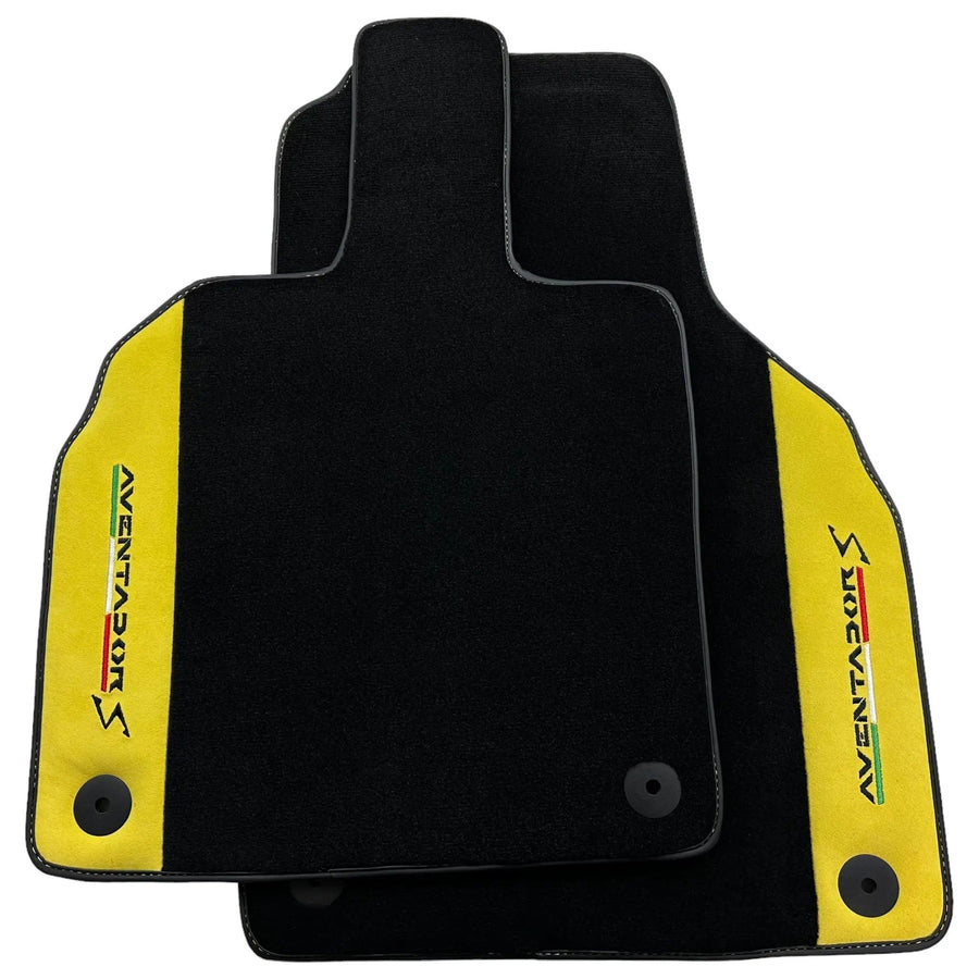 Black Floor Mats for Lamborghini Aventador S with Yellow Alcantara Leather - AutoWin