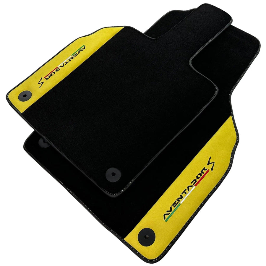 Black Floor Mats for Lamborghini Aventador S with Yellow Alcantara Leather - AutoWin