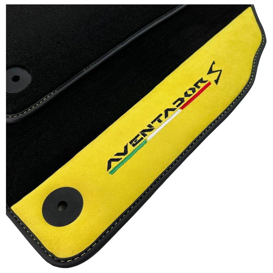 Black Floor Mats for Lamborghini Aventador S with Yellow Alcantara Leather - AutoWin