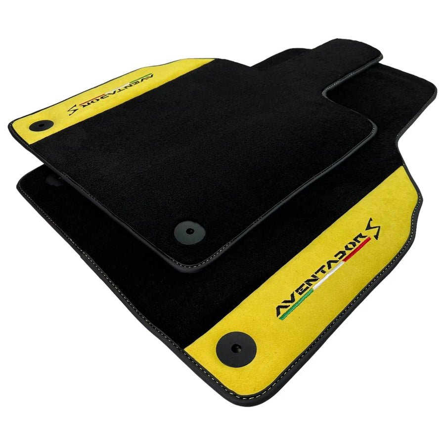 Black Floor Mats for Lamborghini Aventador S with Yellow Alcantara Leather - AutoWin
