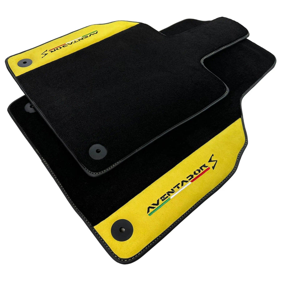 Black Floor Mats for Lamborghini Aventador S with Yellow Alcantara Leather - AutoWin