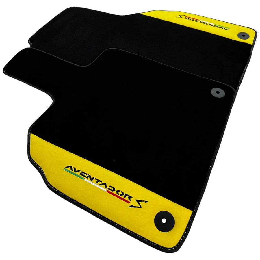 Black Floor Mats for Lamborghini Aventador S with Yellow Alcantara Leather - AutoWin