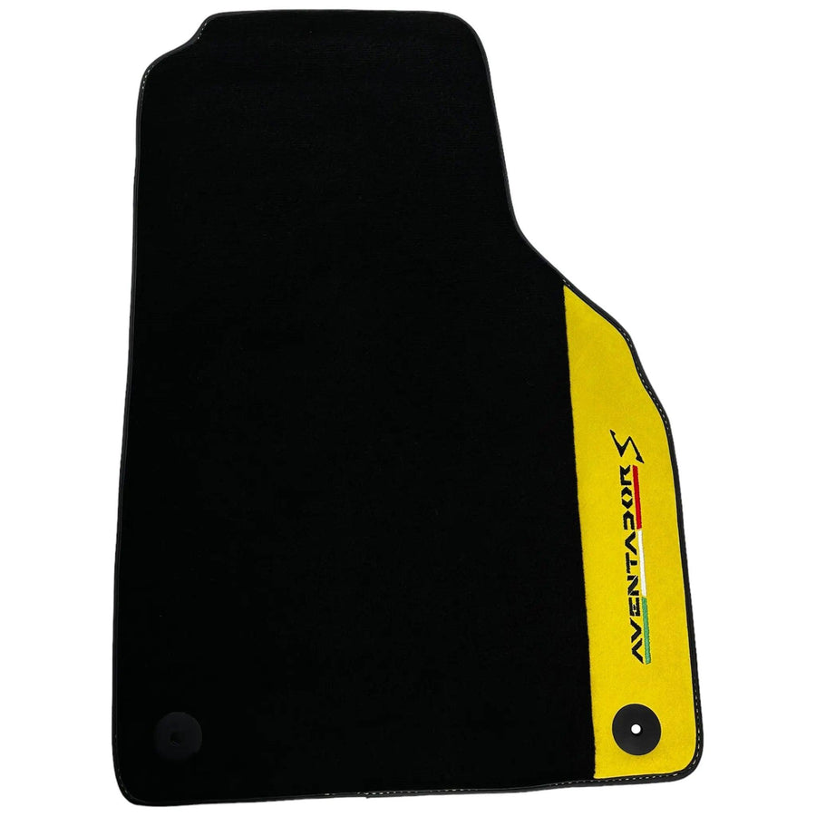 Black Floor Mats for Lamborghini Aventador S with Yellow Alcantara Leather - AutoWin