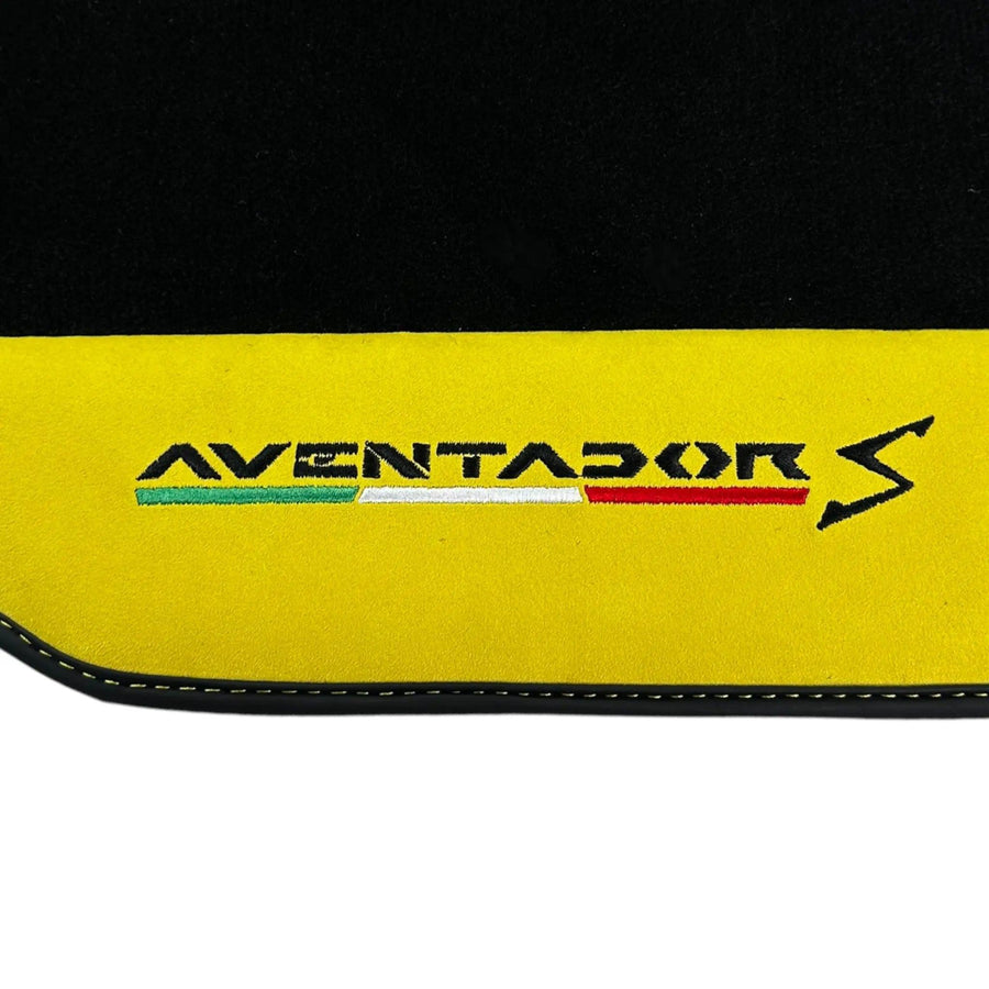Black Floor Mats for Lamborghini Aventador S with Yellow Alcantara Leather - AutoWin