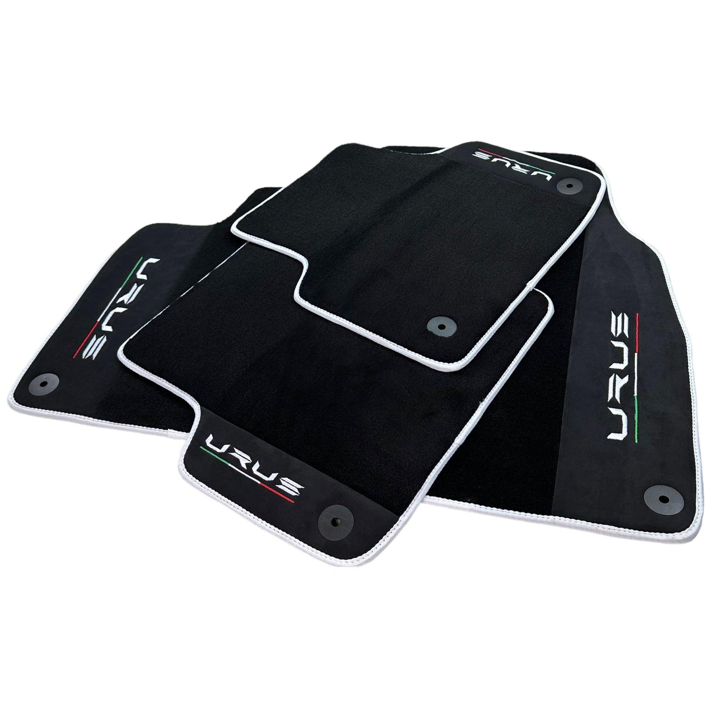 Black Floor Mats For Lamborghini Urus With Alcantara Leather White Trim - AutoWin