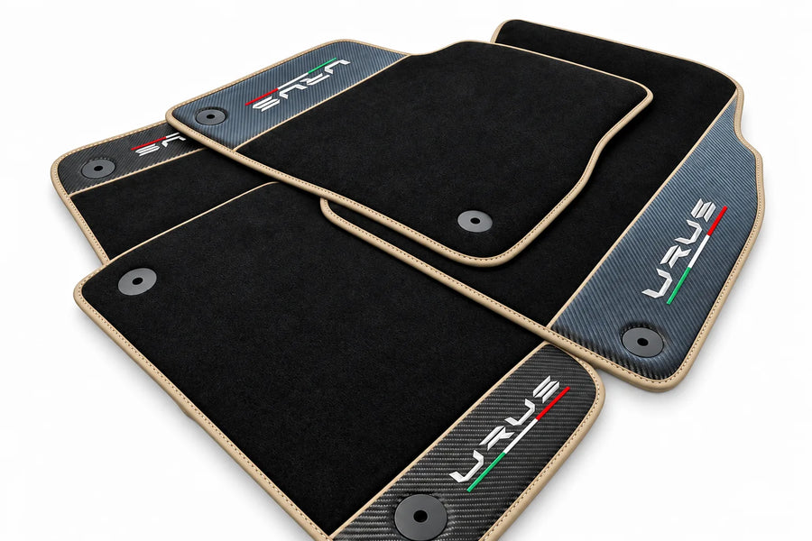 Black Floor Mats For Lamborghini Urus With Carbon Fiber Leather Beige trim