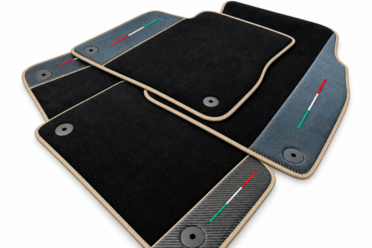 Black Floor Mats For Lamborghini Urus With Carbon Fiber Leather Beige trim