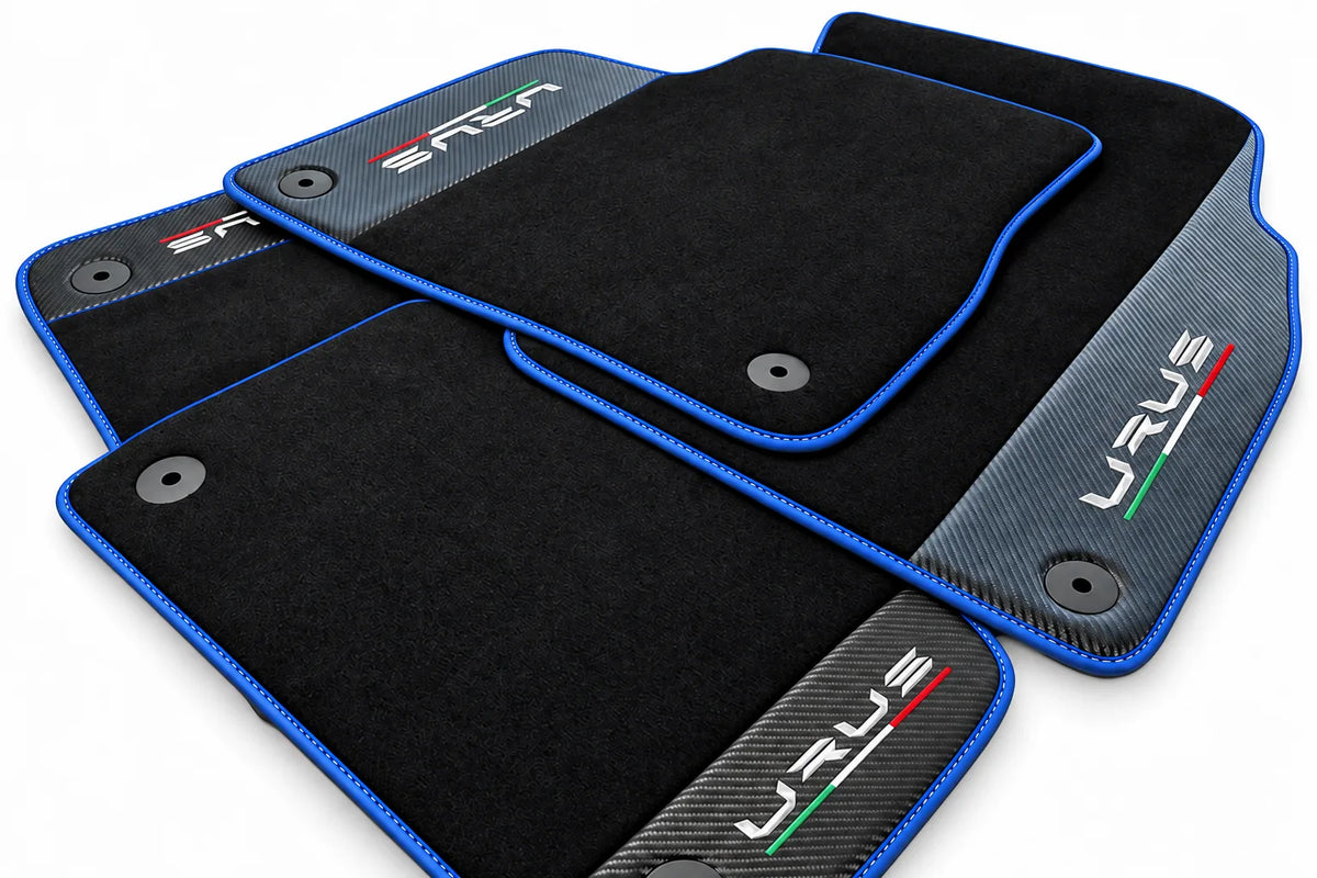 Black Floor Mats For Lamborghini Urus With Carbon Fiber Leather Blue trim