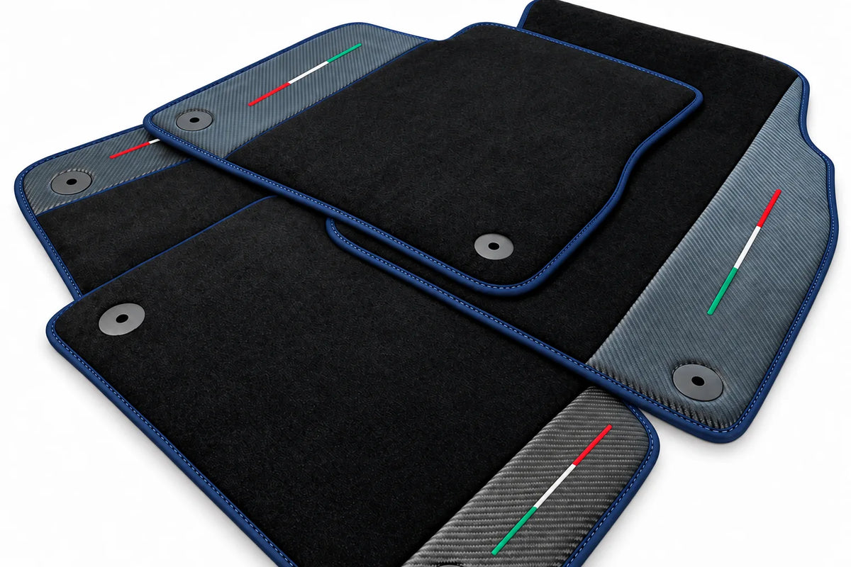 Black Floor Mats For Lamborghini Urus With Carbon Fiber Leather Dark Blue trim