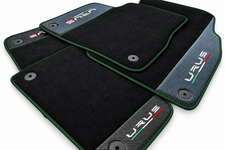 Black Floor Mats For Lamborghini Urus With Carbon Fiber Leather Dark Green trim