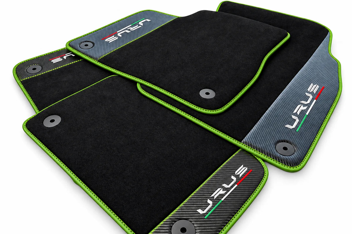 Black Floor Mats For Lamborghini Urus With Carbon Fiber Leather Green trim