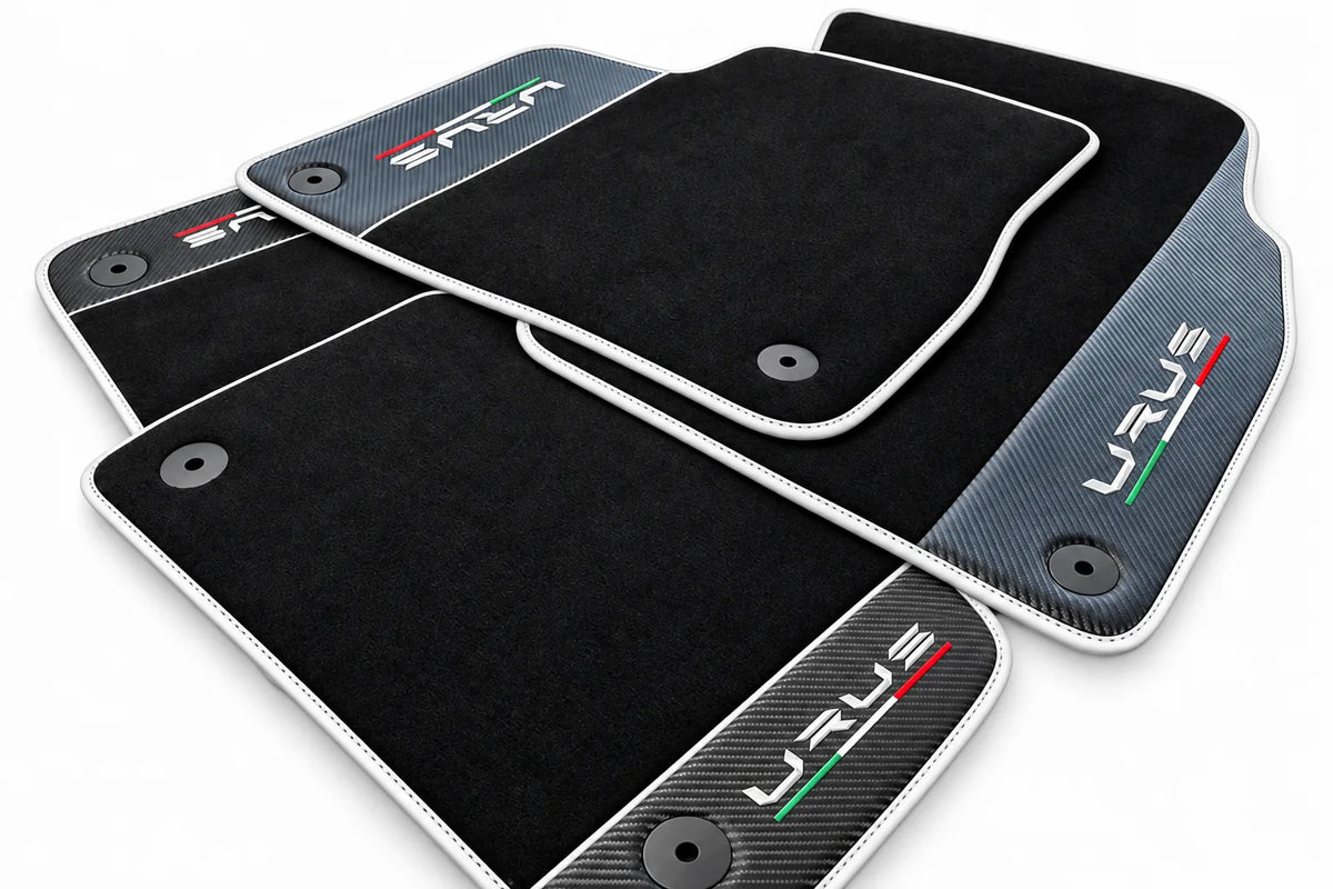 Black Floor Mats For Lamborghini Urus With Carbon Fiber Leather White trim