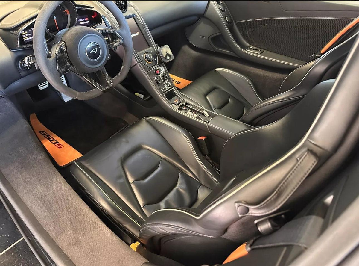 Black Floor Mats For McLaren 650S Black Tailored With Orange Alcantara Leather - AutoWin
