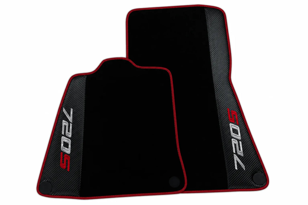 Black Floor Mats for McLaren 720S with Carbon Fiber | Various Trim Colors Burgundy trim
