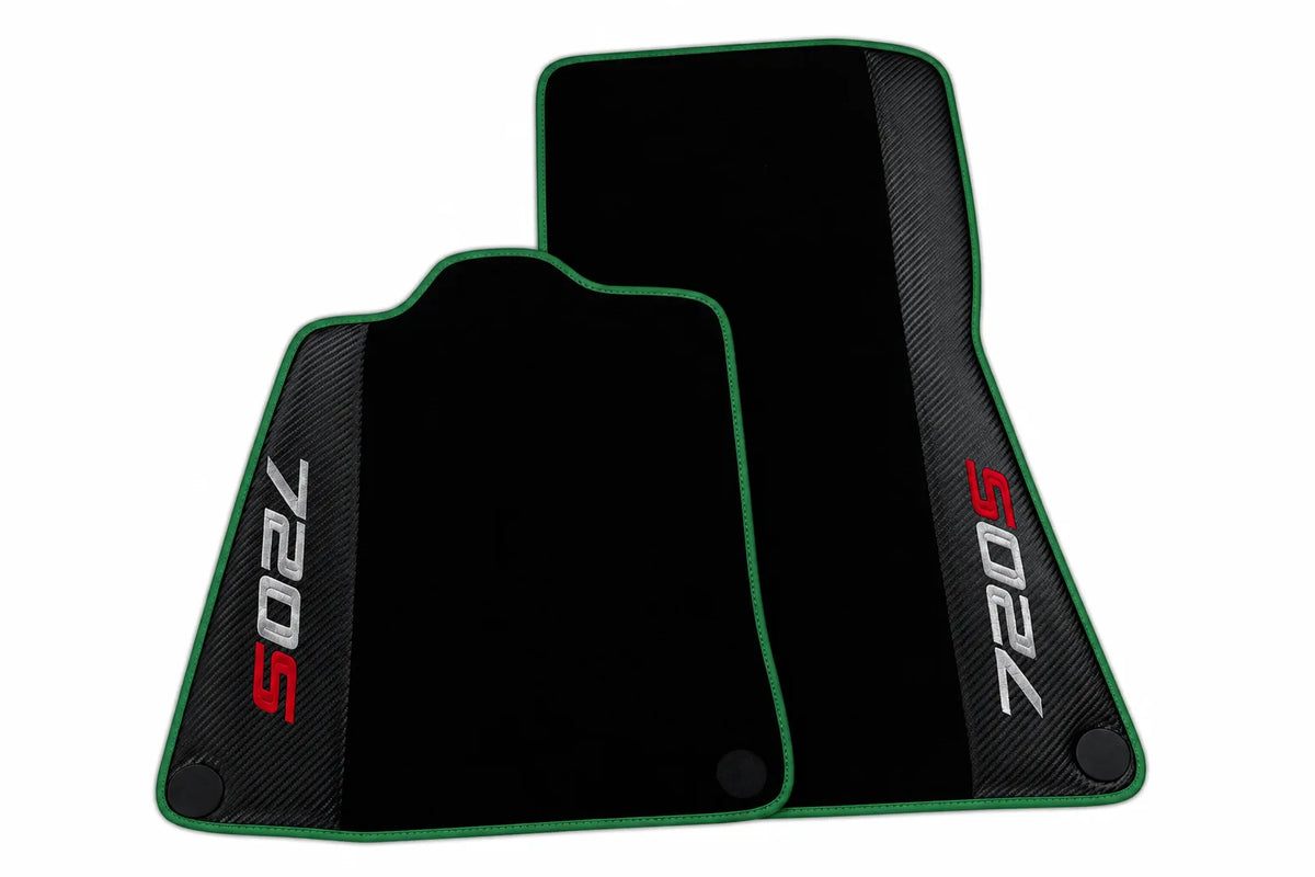 Black Floor Mats for McLaren 720S with Carbon Fiber | Various Trim Colors Dark Green trim