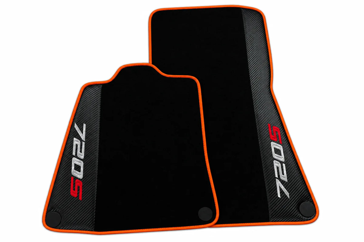 Black Floor Mats for McLaren 720S with Carbon Fiber | Various Trim Colors Orange trim
