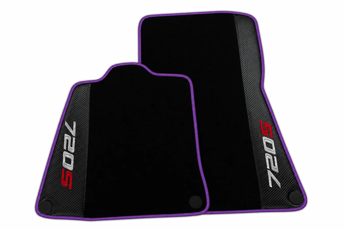 Black Floor Mats for McLaren 720S with Carbon Fiber | Various Trim Colors Purple trim