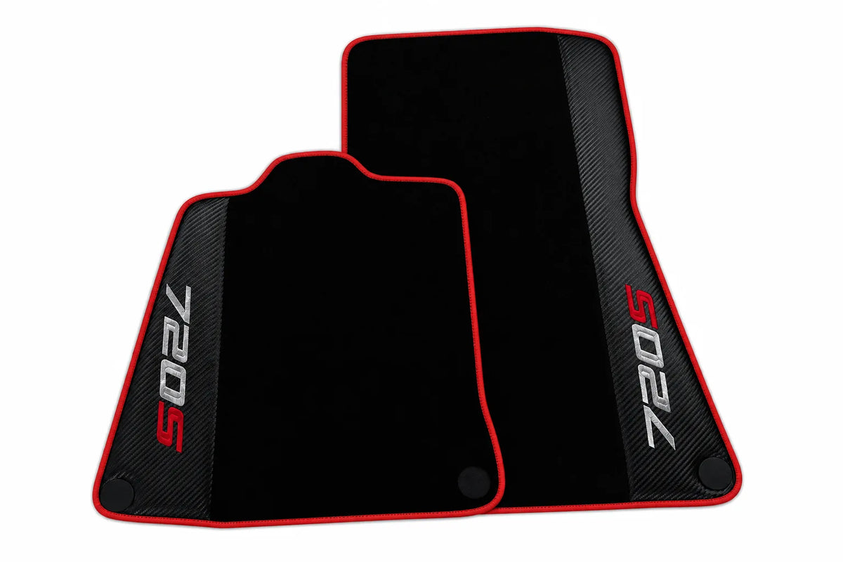 Black Floor Mats for McLaren 720S with Carbon Fiber | Various Trim Colors Red trim