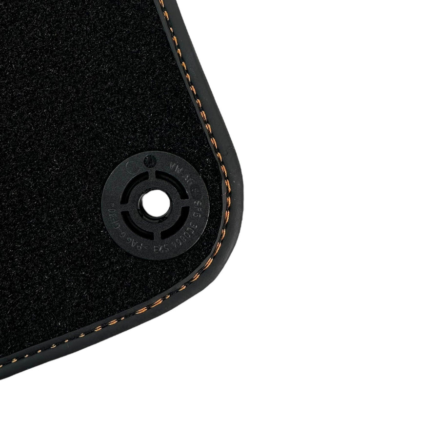 Black Floor Mats for Porsche 718 Cayman (2017-2023) with Orange Alcantara Leather ER56 Design - AutoWin