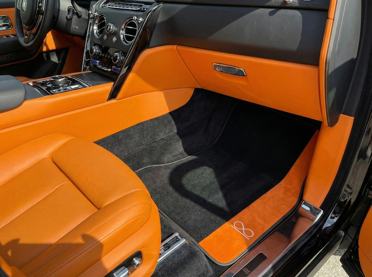 Black Floor Mats For Rolls Royce Black Badge Cullinan Orange Alcantara Leather