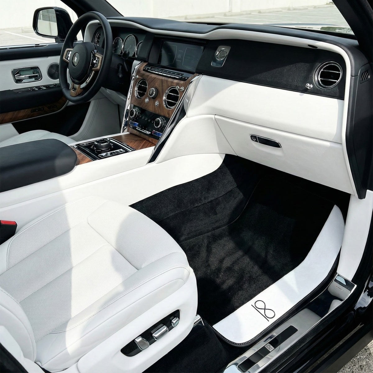 Interior look of floor mats for Black Floor Mats For Rolls Royce Black Badge Cullinan White Leather