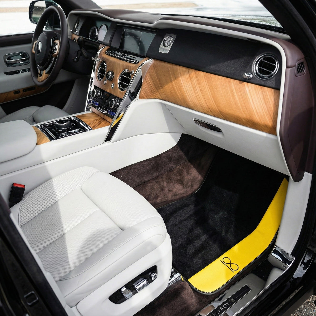 Interior look of floor mats for Black Floor Mats For Rolls Royce Black Badge Cullinan Yellow Leather