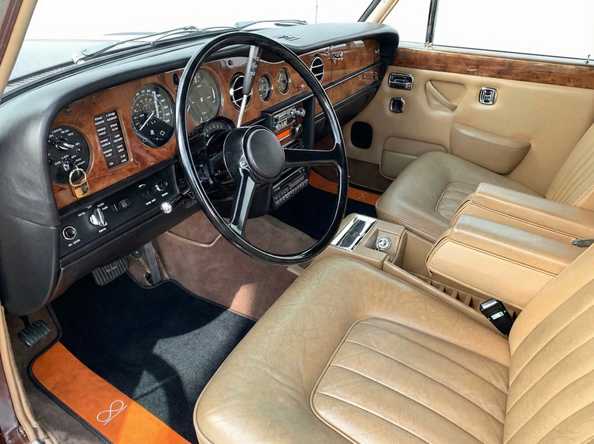 Interior look of floor mats for Black Floor Mats For Rolls Royce Shadow 1965-1977 With Orange Alcantara Leather