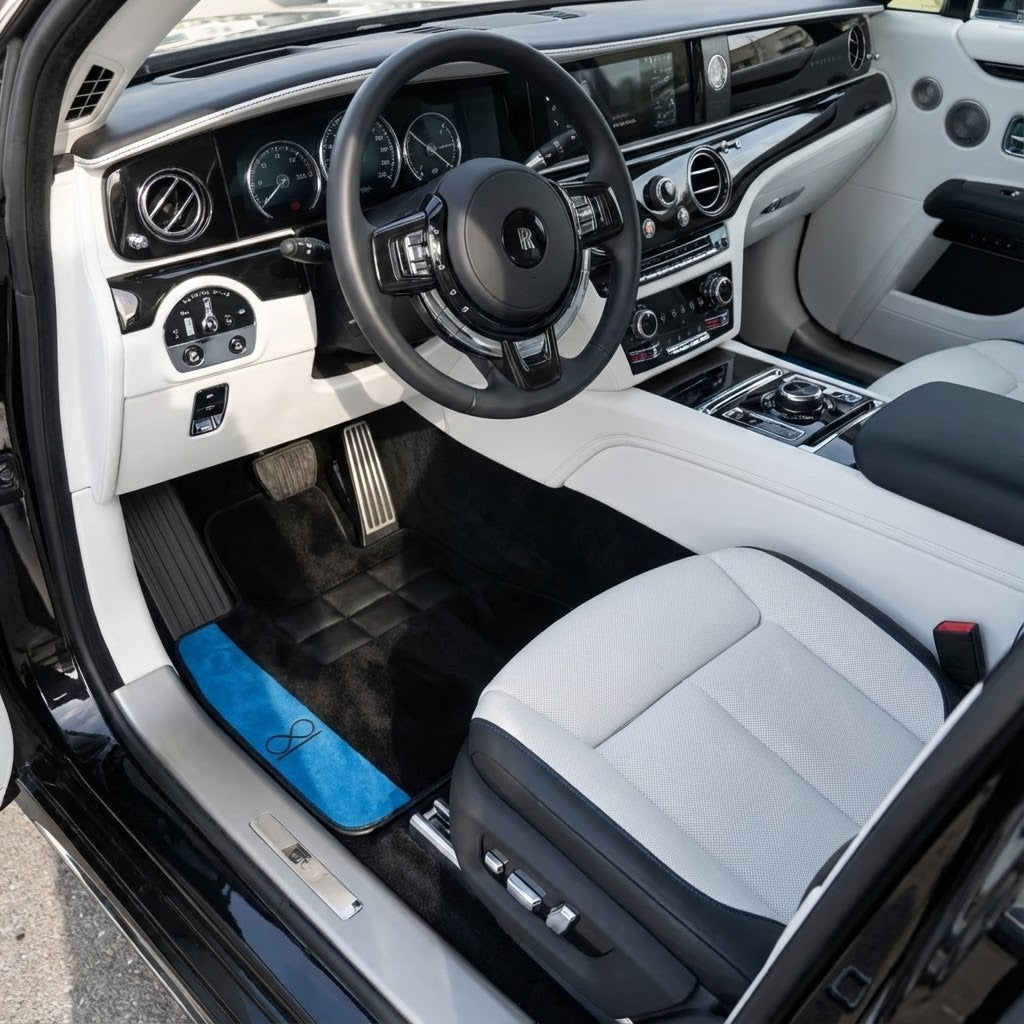 Interior look of floor mats for Black Floor Mats For Rolls Royce Spectre (2023-2024) Blue Alcantara Leather