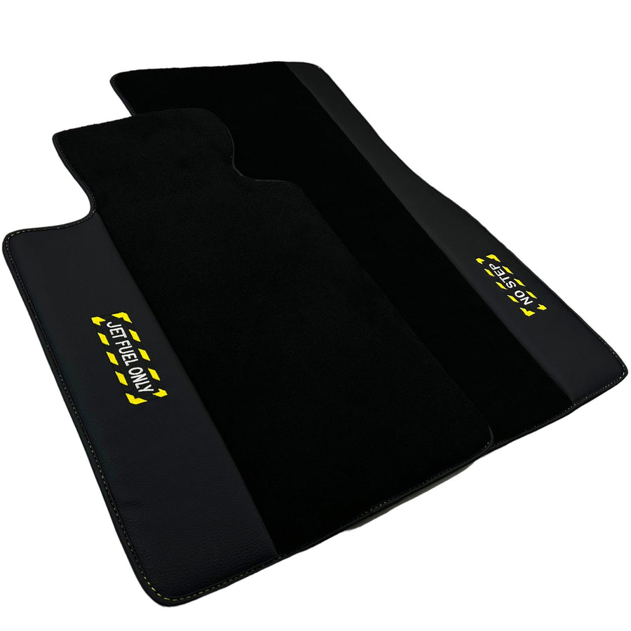Black Floor Mats with Leather for BMW G60 (2023-2026) Sedan - "Jet Fuel Only" - AutoWin