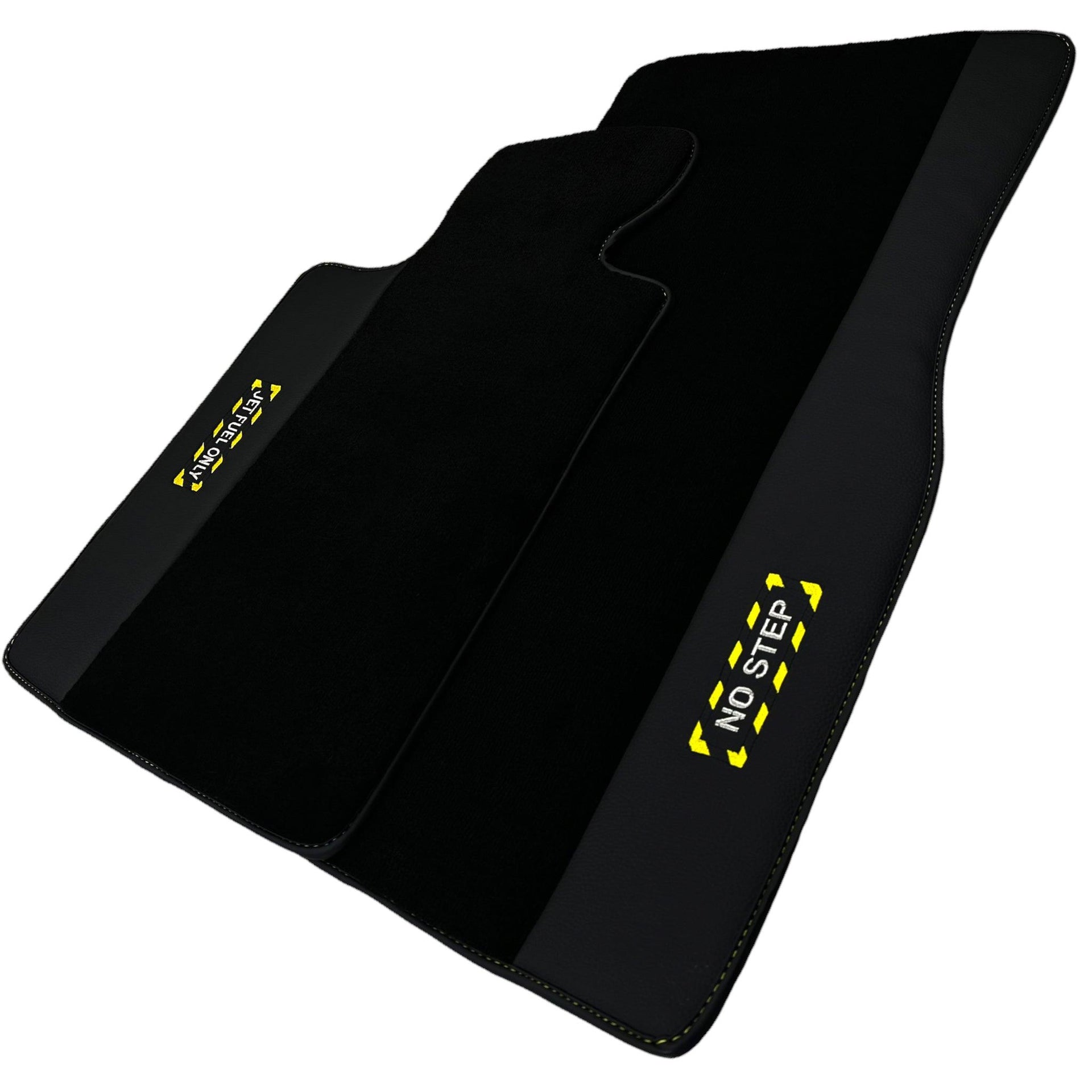 Black Floor Mats with Leather for BMW G60 (2023-2026) Sedan - "Jet Fuel Only" - AutoWin