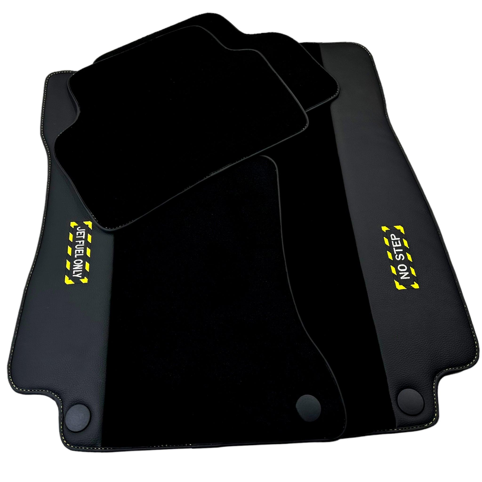 Black Floor Mats with Leather for Mercedes Benz E-Class W213 Sedan (2016-2020) - "Jet Fuel Only" - AutoWin