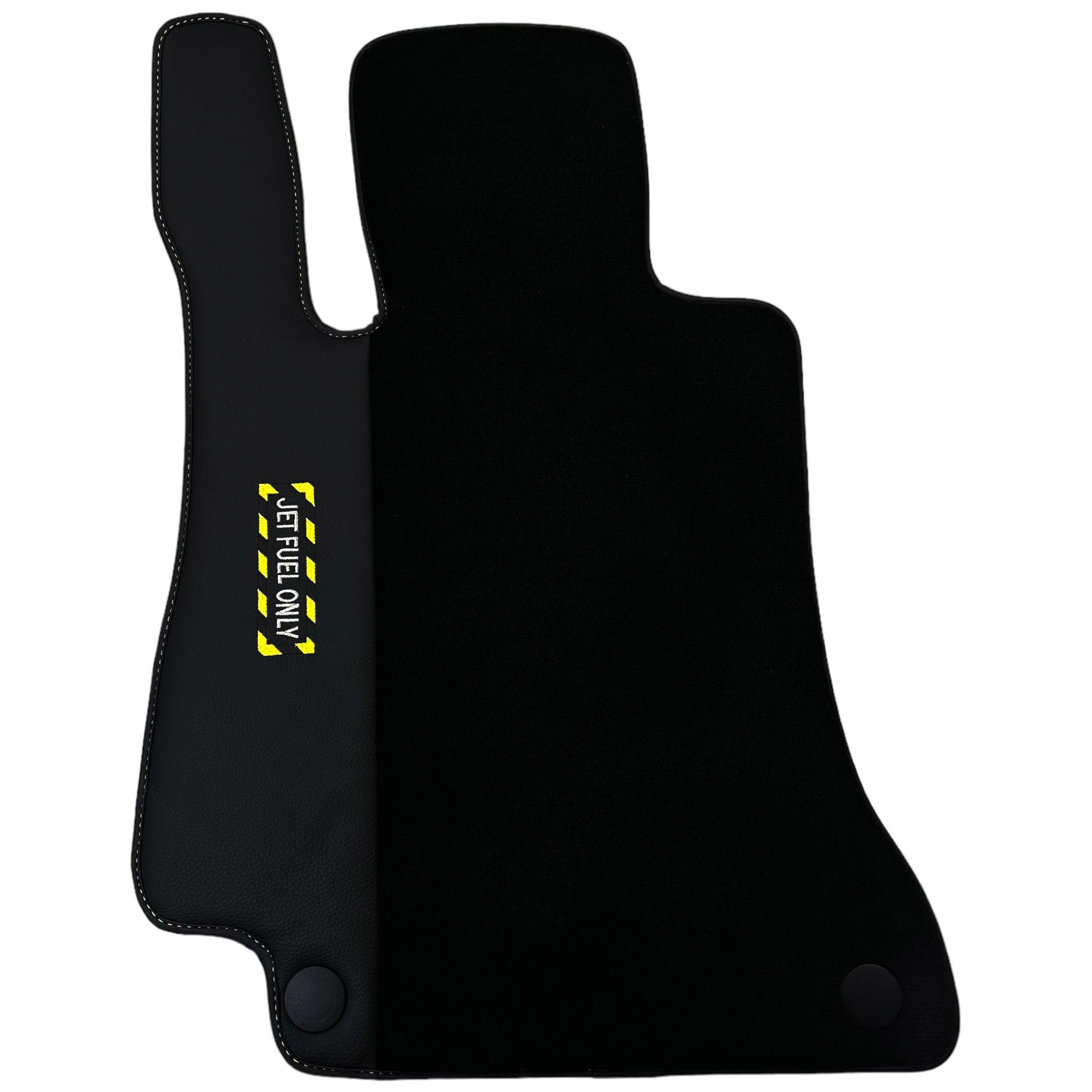 Black Floor Mats with Leather for Mercedes Benz E-Class W213 Sedan (2016-2020) - "Jet Fuel Only" - AutoWin