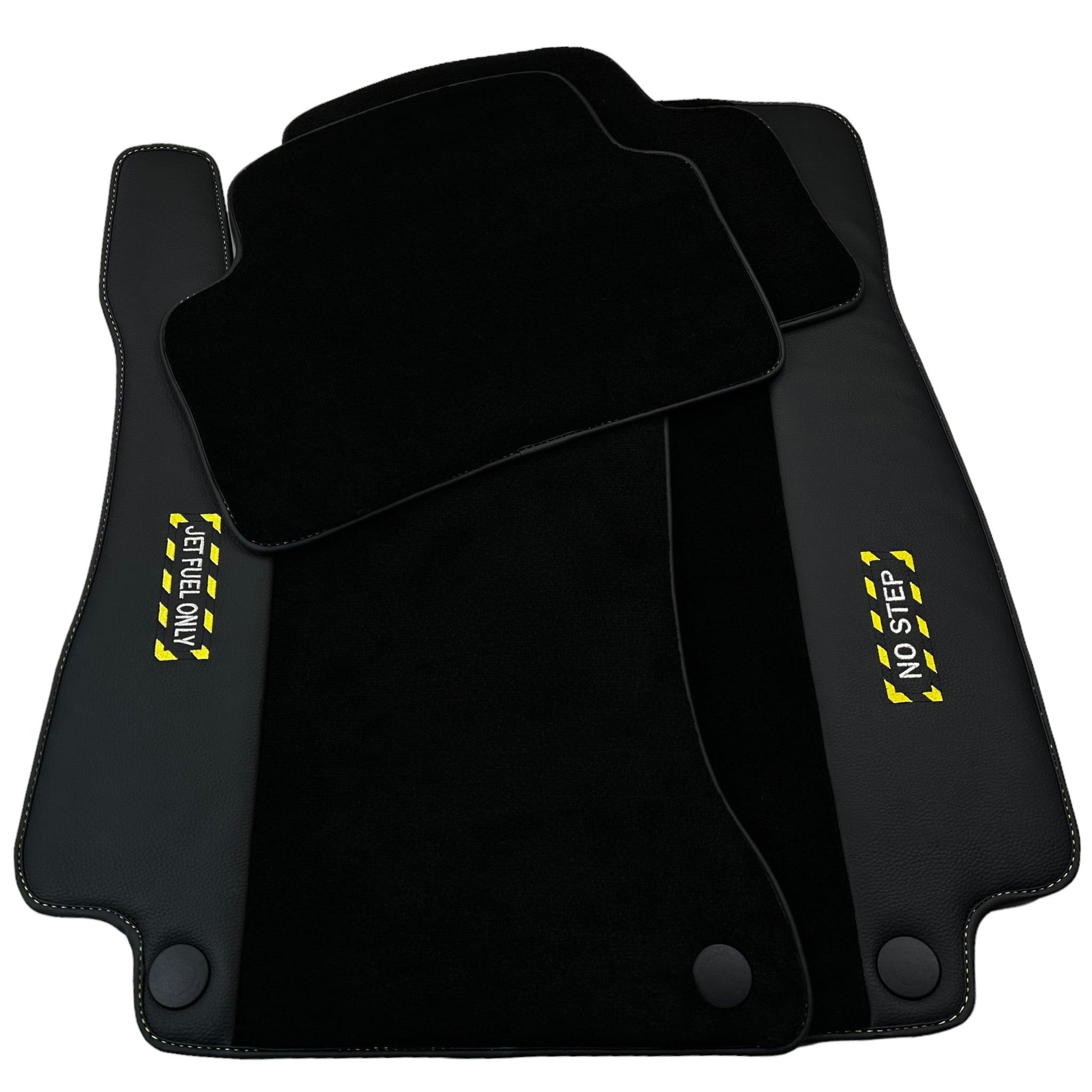 Black Floor Mats with Leather for Mercedes Benz E-Class W213 Sedan (2016-2020) - "Jet Fuel Only" - AutoWin